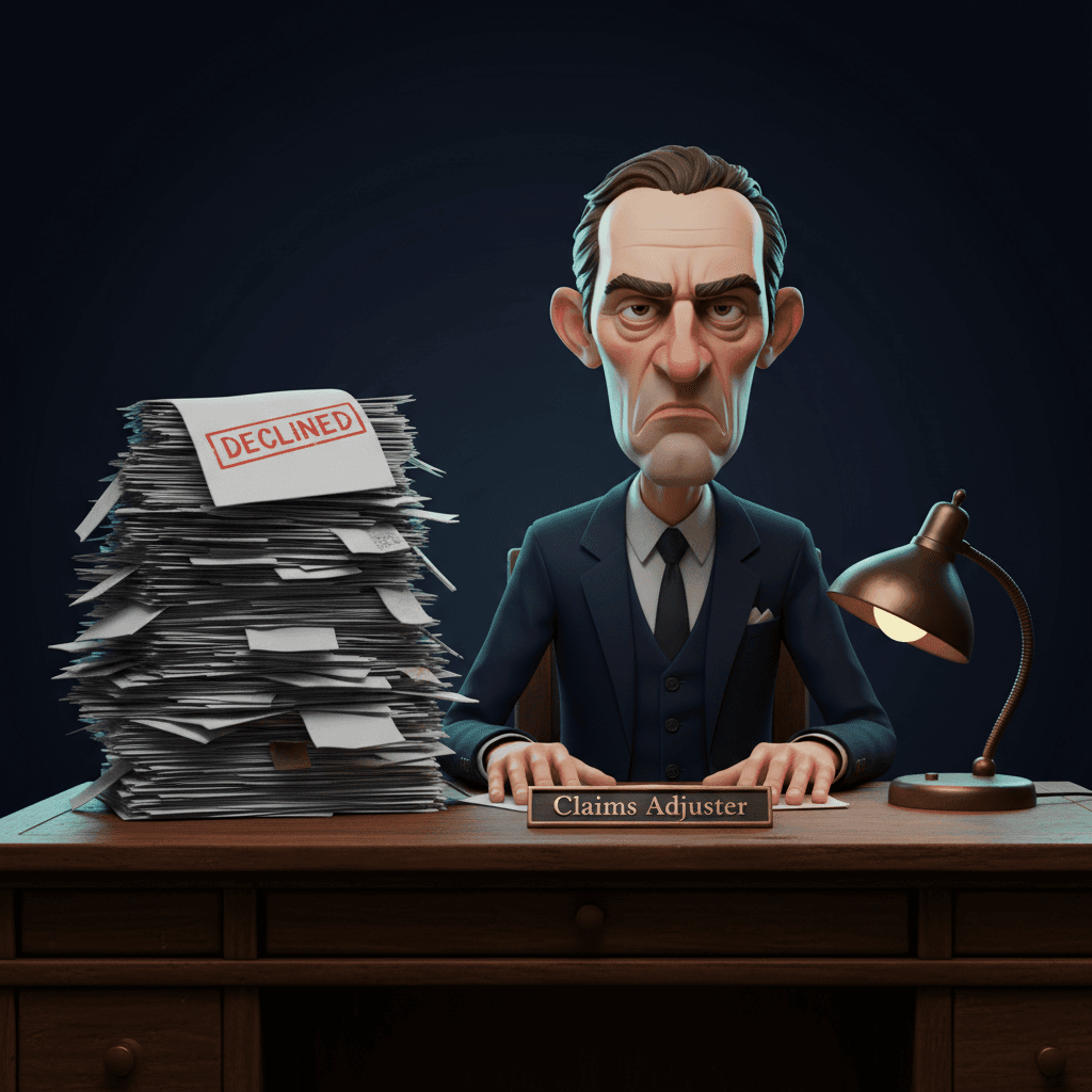 Mr X seated at a tired desk piled with refusal letters.